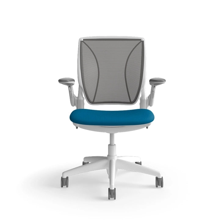 Humanscale World Chair with black mesh, white frame, peacock blue fabric, front view. Kansas City Office Design