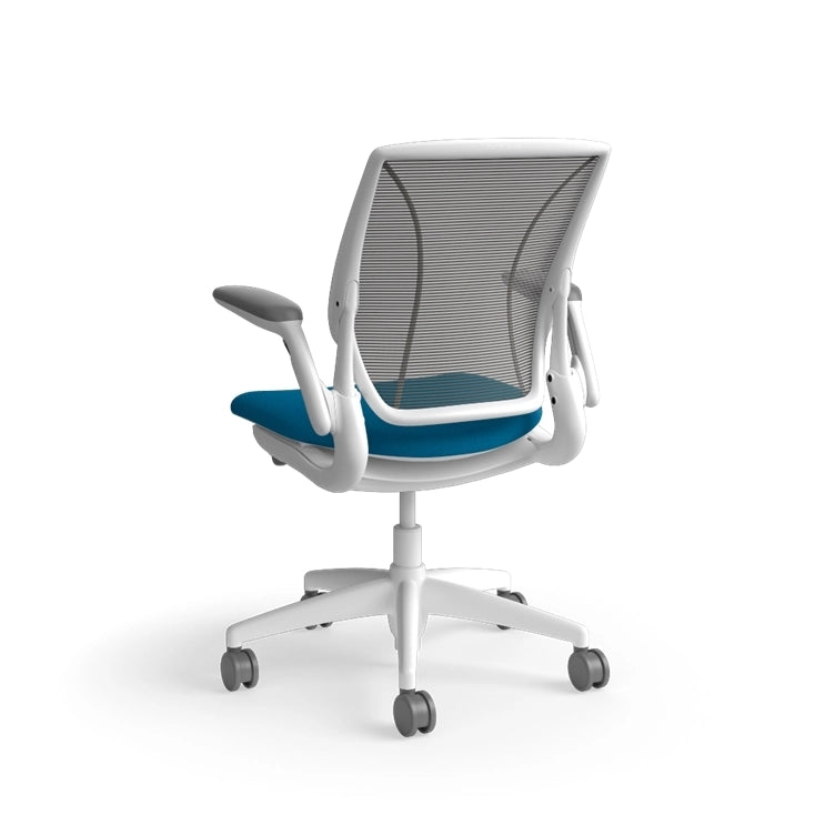 Humanscale World Chair with black mesh, white frame, peacock blue fabric, back view. Kansas City Office Design