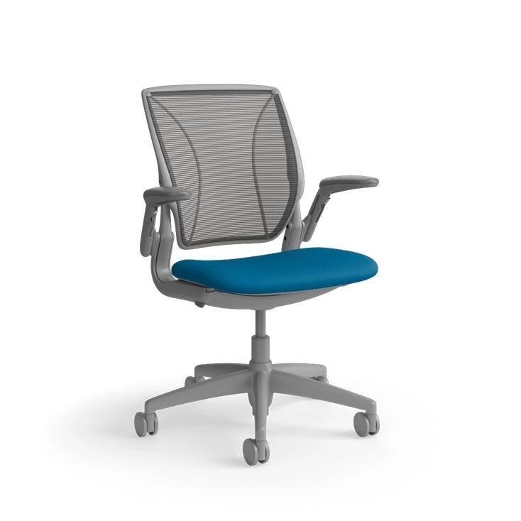 Humanscale World Chair with black mesh, grey frame, peacock blue fabric, side view. Kansas City Office Design