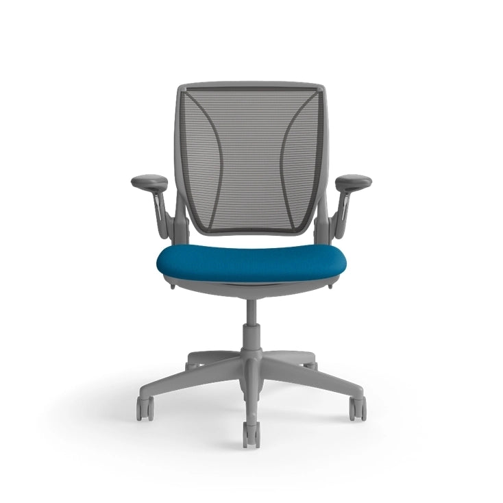Humanscale World Chair with black mesh, grey frame, peacock blue fabric, front view. Kansas City Office Design