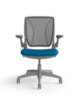 Humanscale World Chair with black mesh, grey frame, peacock blue fabric, front view. Kansas City Office Design