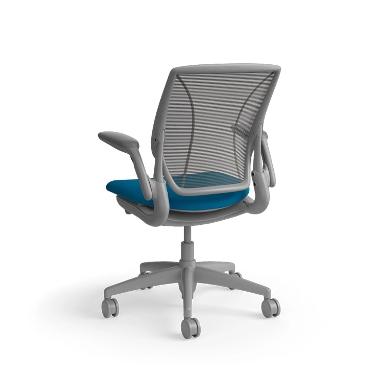 Humanscale World Chair with black mesh, grey frame, peacock blue fabric, back view. Kansas City Office Design