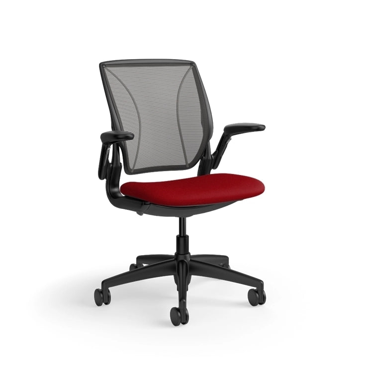 Humanscale World Chair with black mesh, black frame, Parma Red fabric seat, side view. Kansas City Office Design