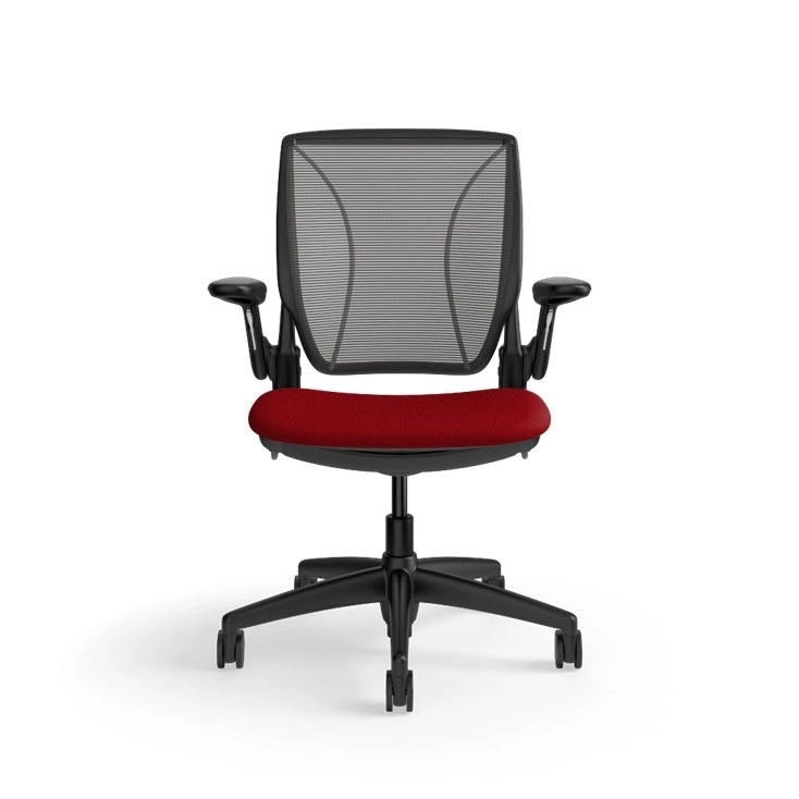 Humanscale World Chair with black mesh, black frame, Parma Red fabric seat, front view. Kansas City Office Design