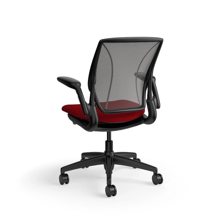 Humanscale World Chair with black mesh, black frame, Parma Red fabric seat, back view. Kansas City Office Design