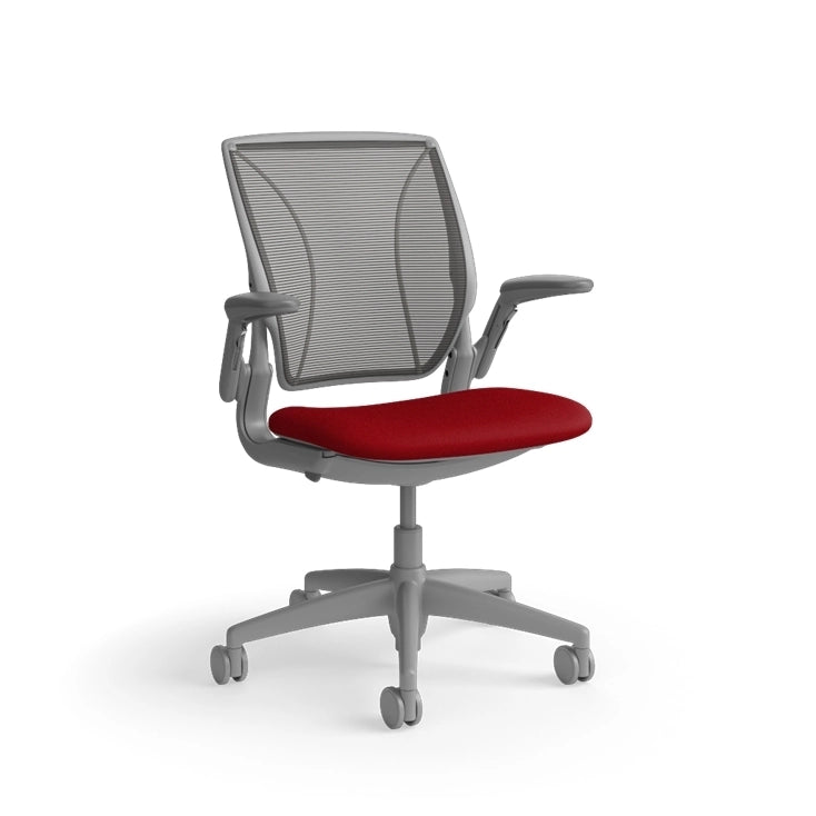 Humanscale World Chair with black mesh, gray frame, Parma Red fabric seat, side view. Kansas City Office Design