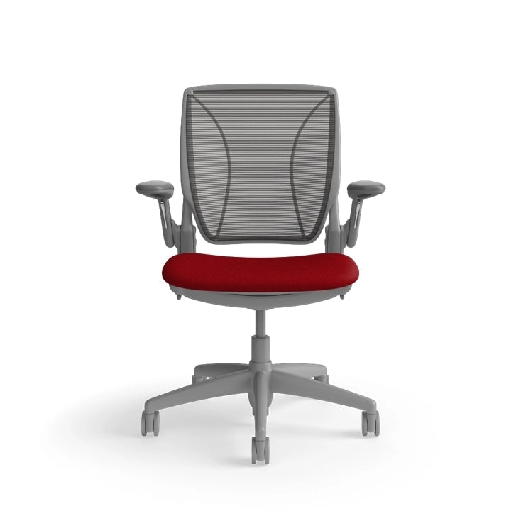 Humanscale World Chair with black mesh, gray frame, Parma Red fabric seat, front view. Kansas City Office Design