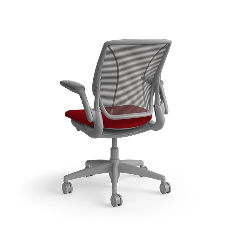 Humanscale World Chair with black mesh, gray frame, Parma Red fabric seat, back view. Kansas City Office Design