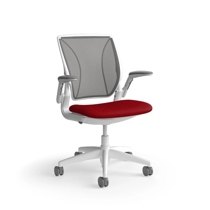 Humanscale World Chair with black mesh, white frame, Parma Red fabric seat, side view. Kansas City Office Design