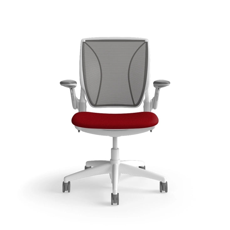 Humanscale World Chair with black mesh, white frame, Parma Red fabric seat, front view. Kansas City Office Design