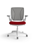 Humanscale World Chair with black mesh, white frame, Parma Red fabric seat, front view. Kansas City Office Design
