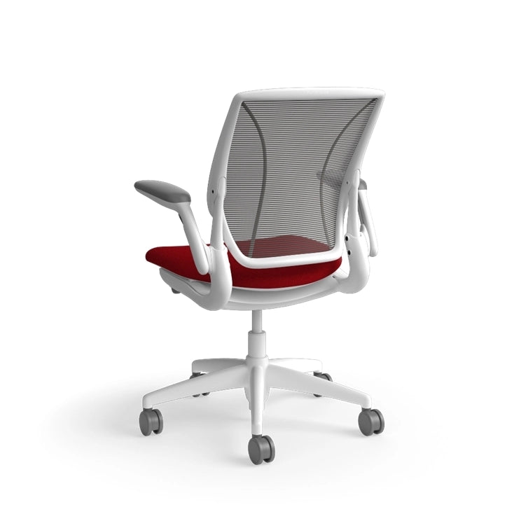 Humanscale World Chair with black mesh, white frame, Parma Red fabric seat, back view. Kansas City Office Design