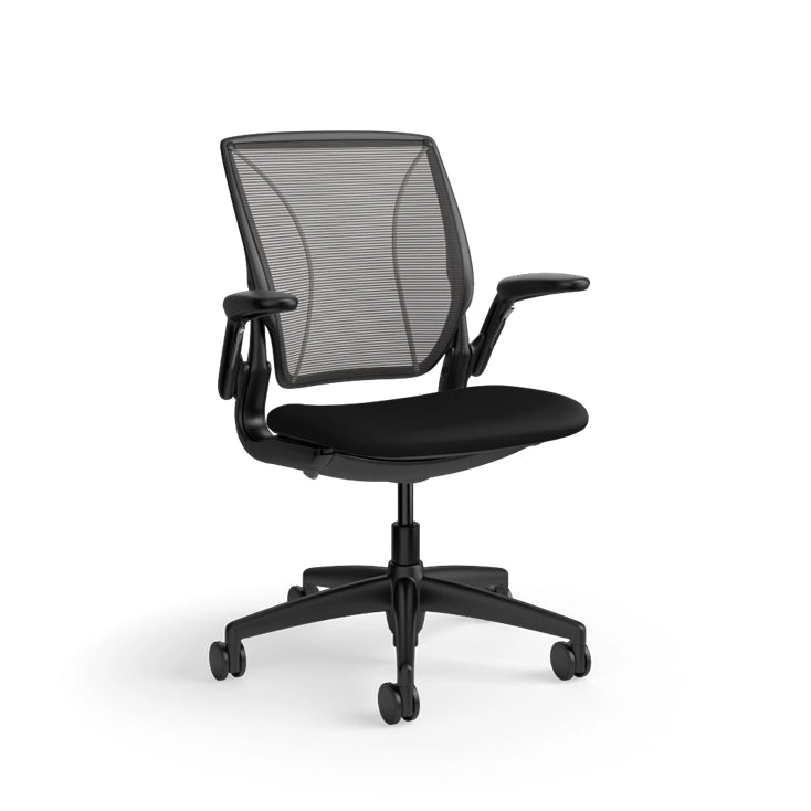 Humanscale World Chair with black mesh, black frame, polyurethane lotus black fabric seat, side view. Kansas City Office Design
