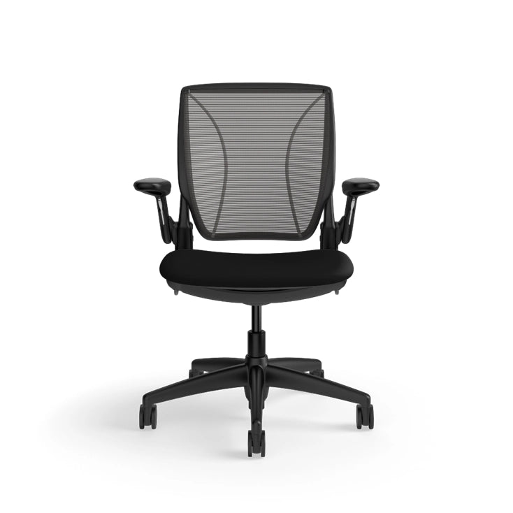 Humanscale World Chair with black mesh, black frame, polyurethane lotus black fabric seat, front view. Kansas City Office Design