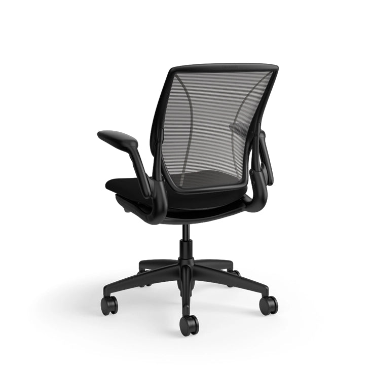 Humanscale World Chair with black mesh, black frame, black polyurethane lotus fabric seat, back view. Kansas City Office Design