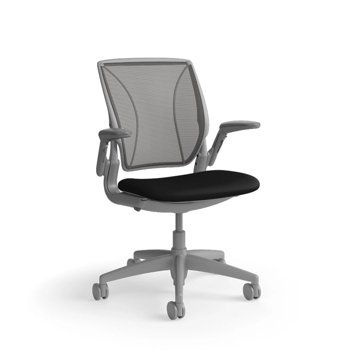 Humanscale World Chair with black mesh, gray frame, black polyurethane lotus fabric seat, side view. Kansas City Office Design