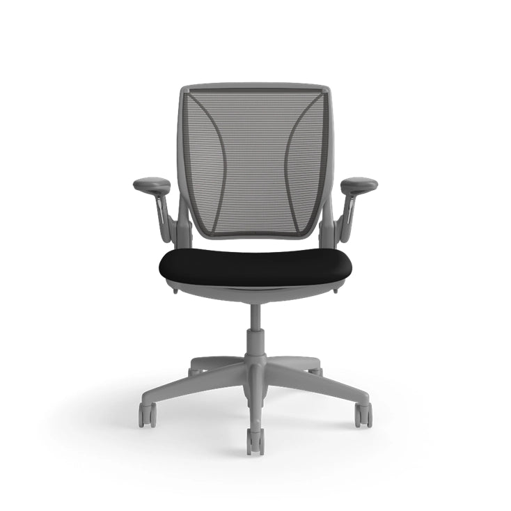Humanscale World Chair with black mesh, gray frame, black polyurethane lotus fabric seat, front view. Kansas City Office Design