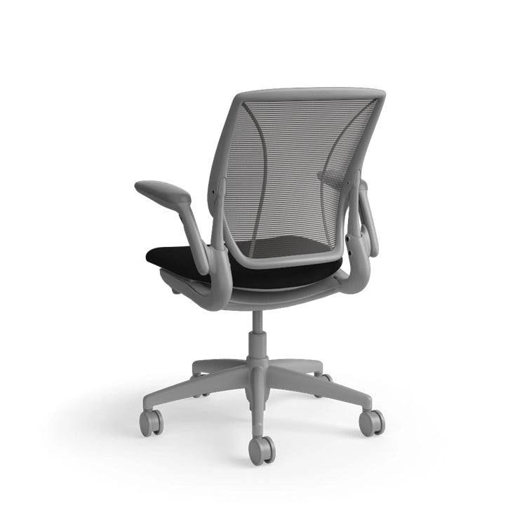 Humanscale World Chair with black mesh, gray frame, black polyurethane lotus fabric seat, back view. Kansas City Office Design