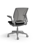 Humanscale World Chair with black mesh, gray frame, black polyurethane lotus fabric seat, back view. Kansas City Office Design