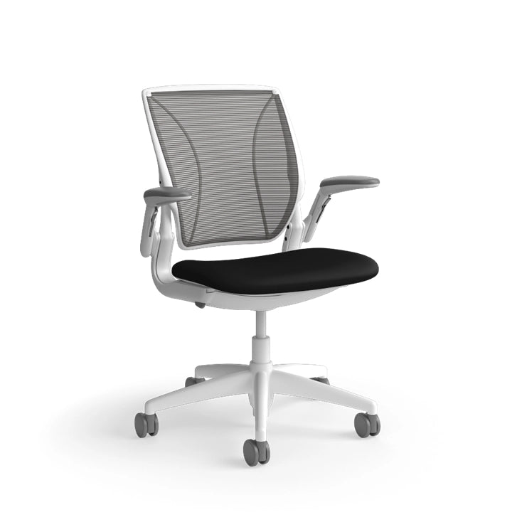 Humanscale World Chair with black mesh, white frame, black polyurethane lotus fabric seat, side view. Kansas City Office Design