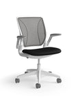 Humanscale World Chair with black mesh, white frame, black polyurethane lotus fabric seat, side view. Kansas City Office Design