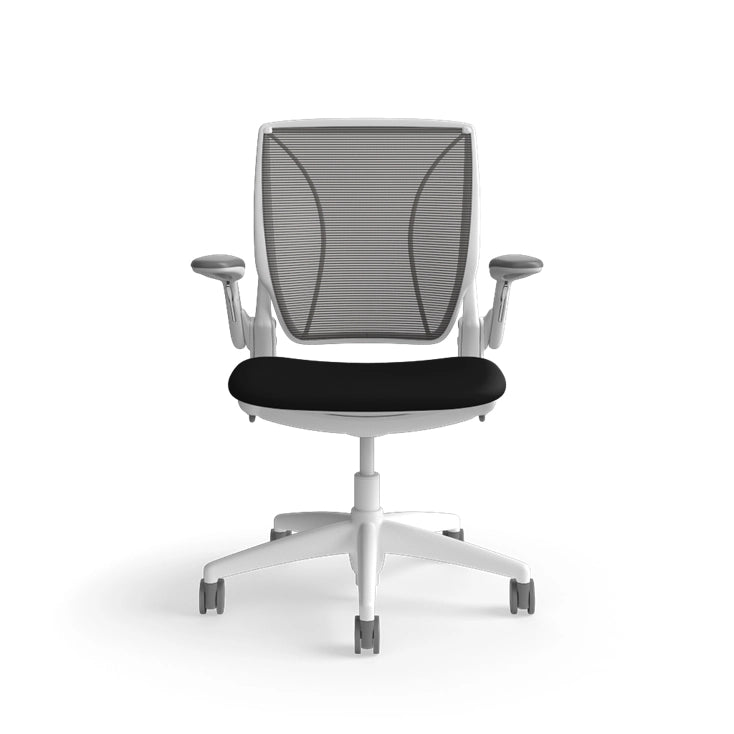 Humanscale World Chair with black mesh, white frame, black polyurethane lotus fabric seat, front view. Kansas City Office Design