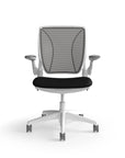 Humanscale World Chair with black mesh, white frame, black polyurethane lotus fabric seat, front view. Kansas City Office Design