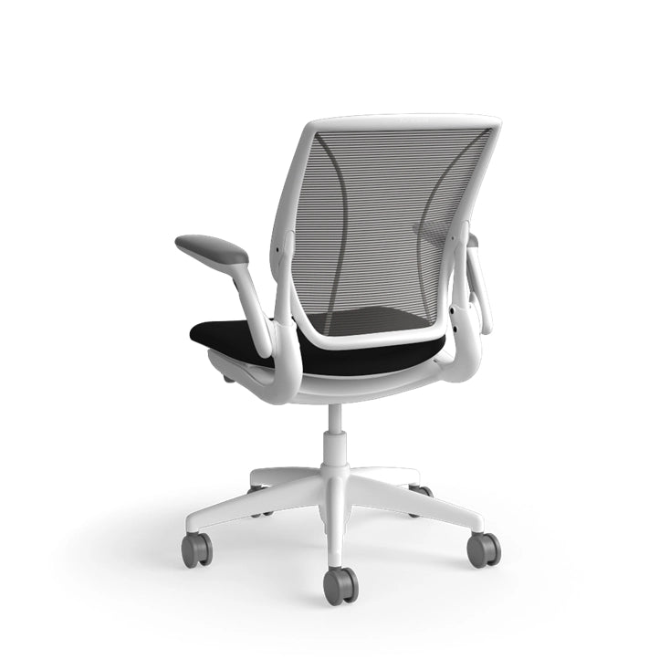 Humanscale World Chair with black mesh, white frame, black polyurethane lotus fabric seat, back view. Kansas City Office Design