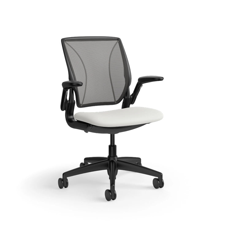 Humanscale World Chair with black mesh, black frame, white polyurethane lotus fabric seat, side view. Kansas City Office Design
