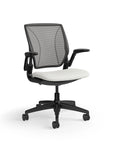 Humanscale World Chair with black mesh, black frame, white polyurethane lotus fabric seat, side view. Kansas City Office Design