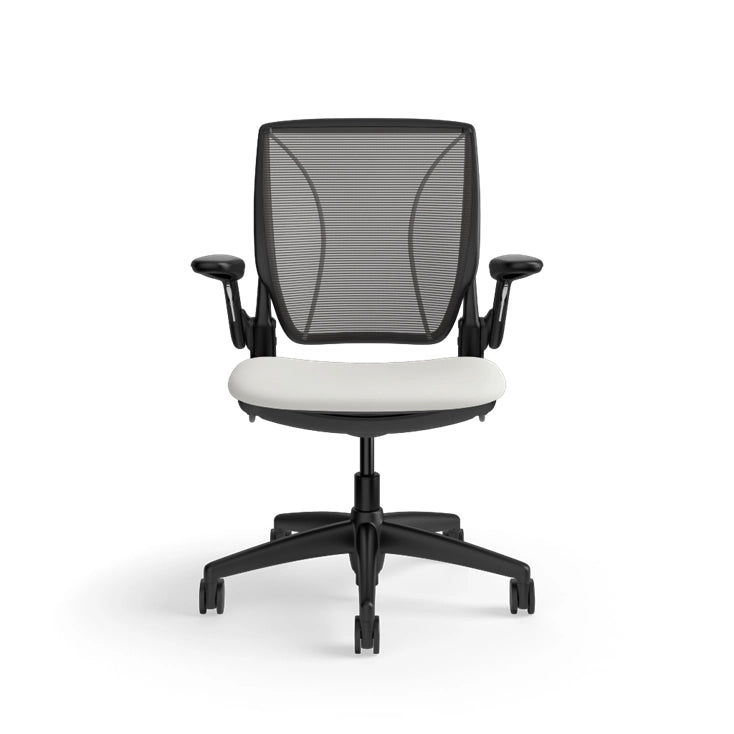 Humanscale World Chair with black mesh, black frame, white polyurethane lotus fabric seat, front view. Kansas City Office Design