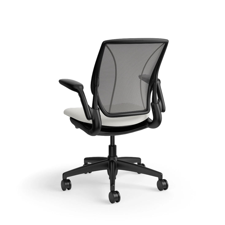 Humanscale World Chair with black mesh, black frame, white polyurethane lotus fabric seat, back view. Kansas City Office Design