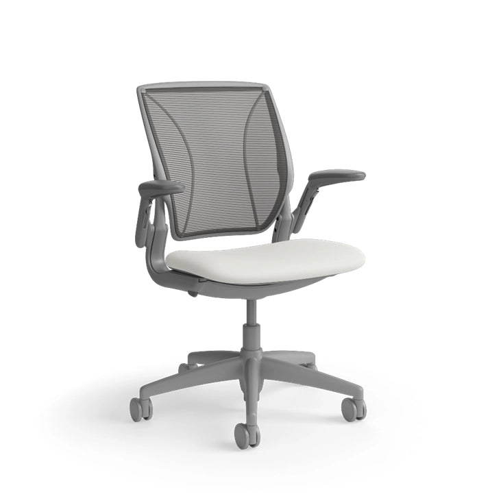 Humanscale World Chair with black mesh, gray frame, white polyurethane lotus fabric seat, side view. Kansas City Office Design