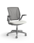 Humanscale World Chair with black mesh, gray frame, white polyurethane lotus fabric seat, side view. Kansas City Office Design