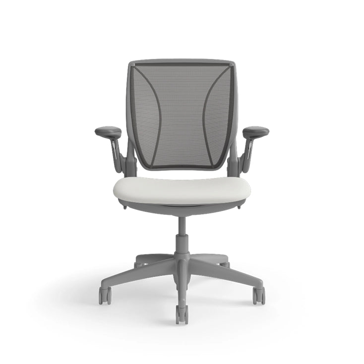Humanscale World Chair with black mesh, gray frame, white polyurethane lotus fabric seat, front view. Kansas City Office Design