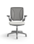 Humanscale World Chair with black mesh, gray frame, white polyurethane lotus fabric seat, front view. Kansas City Office Design