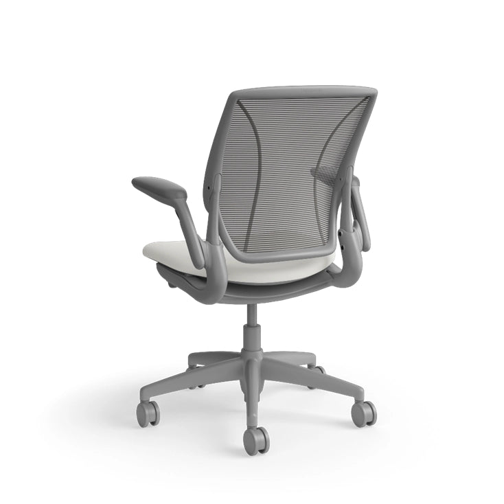 Humanscale World Chair with black mesh, gray frame, white polyurethane lotus fabric seat, back view. Kansas City Office Design