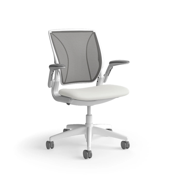 Humanscale World Chair with black mesh, white frame, white polyurethane lotus fabric seat, side view. Kansas City Office Design