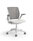 Humanscale World Chair with black mesh, white frame, white polyurethane lotus fabric seat, side view. Kansas City Office Design