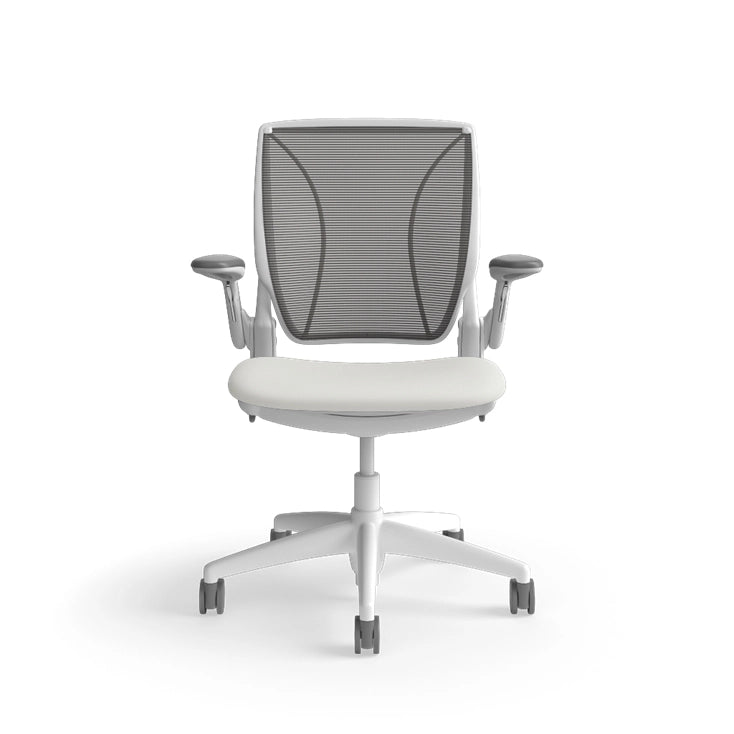 Humanscale World Chair with black mesh, white frame, white polyurethane lotus fabric seat, front view. Kansas City Office Design
