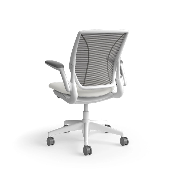 Humanscale World Chair with black mesh, white frame, white polyurethane lotus fabric seat, back view. Kansas City Office Design