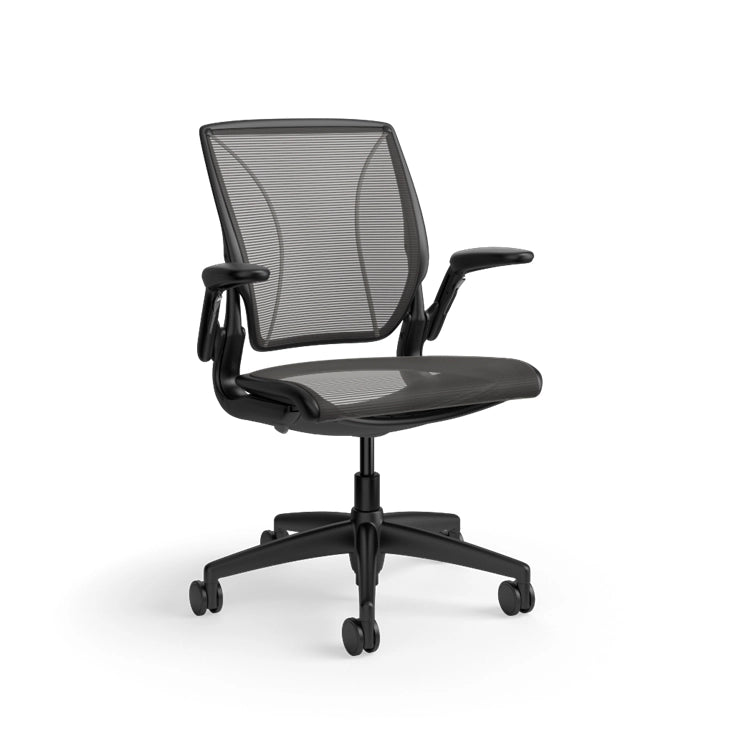Humanscale World Chair with black mesh, black frame, side view. Kansas City Office Design
