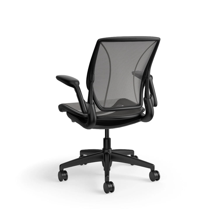 Humanscale World Chair with black mesh, black frame, back view. Kansas City Office Design