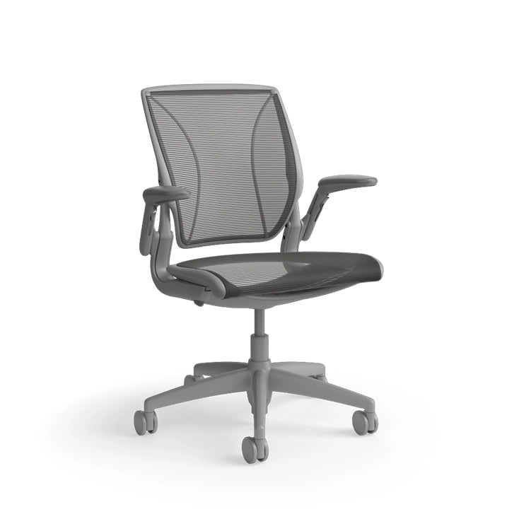 Humanscale World Chair with black mesh, gray frame, side view. Kansas City Office Design