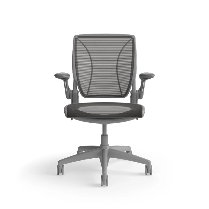 Humanscale World Chair with black mesh, gray frame, front view. Kansas City Office Design