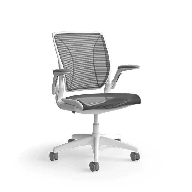 Humanscale World Chair with black mesh, white frame, side view. Kansas City Office Design