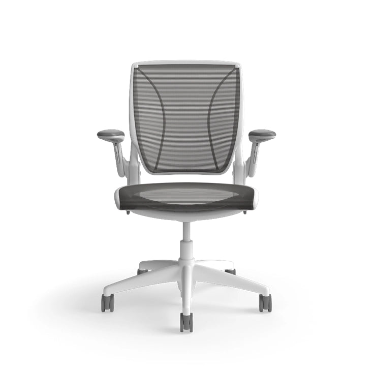 Humanscale World Chair with black mesh, white frame, front view. Kansas City Office Design