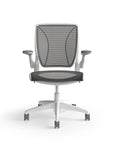 Humanscale World Chair with black mesh, white frame, front view. Kansas City Office Design