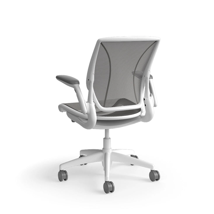 Humanscale World Chair with black mesh, white frame, back view. Kansas City Office Design