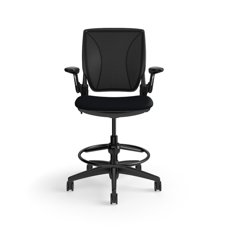 Humanscale World LM counter-height stool in black seat and black frame, side view